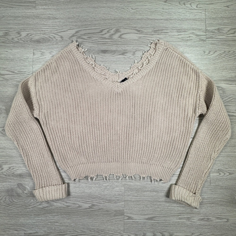 Moon & Madison Womens Sweater Distressed‎ V-Neck Cropped Beige XS Shaker Knit